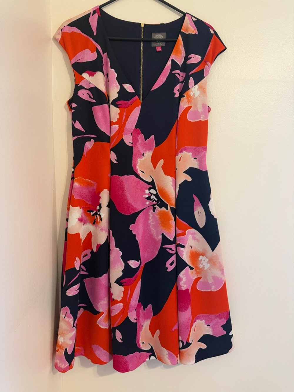 Floral V-Neck Fit & Flare Dress in Navy, Pink & Red - with pockets!
